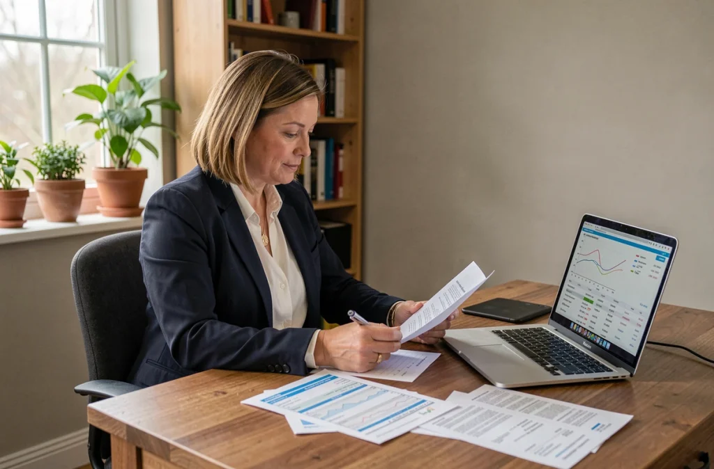 Femme analysant des relevés bancaires et des reçus de transferts internationaux dans un bureau à domicile