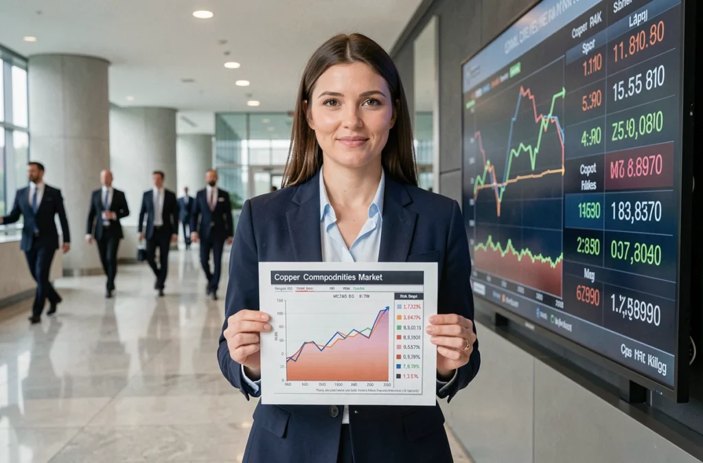 Analyste financière présentant un rapport sur le prix du cuivre au kilogramme devant un tableau des cours des métaux