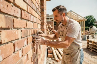 Homme posant des briques sur un mur en auto-construction de maison individuelle