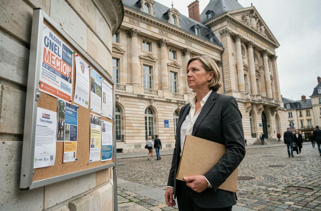 Femme élue locale devant un hôtel de ville français avec affiches électorales, symbolisant les défis de recrutement des candidats aux fonctions de maire et la question des indemnités