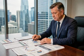 Homme d'affaires analysant les classements économiques mondiaux et les données de PIB par pays dans un bureau corporatif moderne avec vue sur la ville