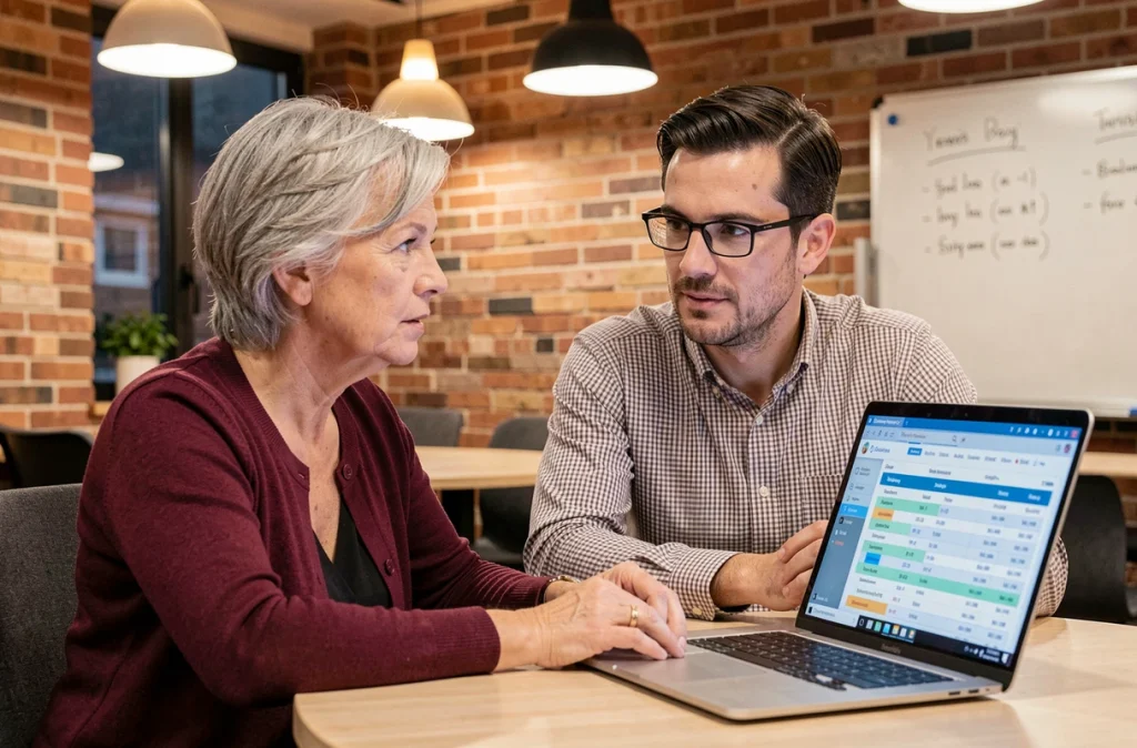 Deux collègues analysant ensemble une simulation de salaire et d'allocations chômage sur un ordinateur portable