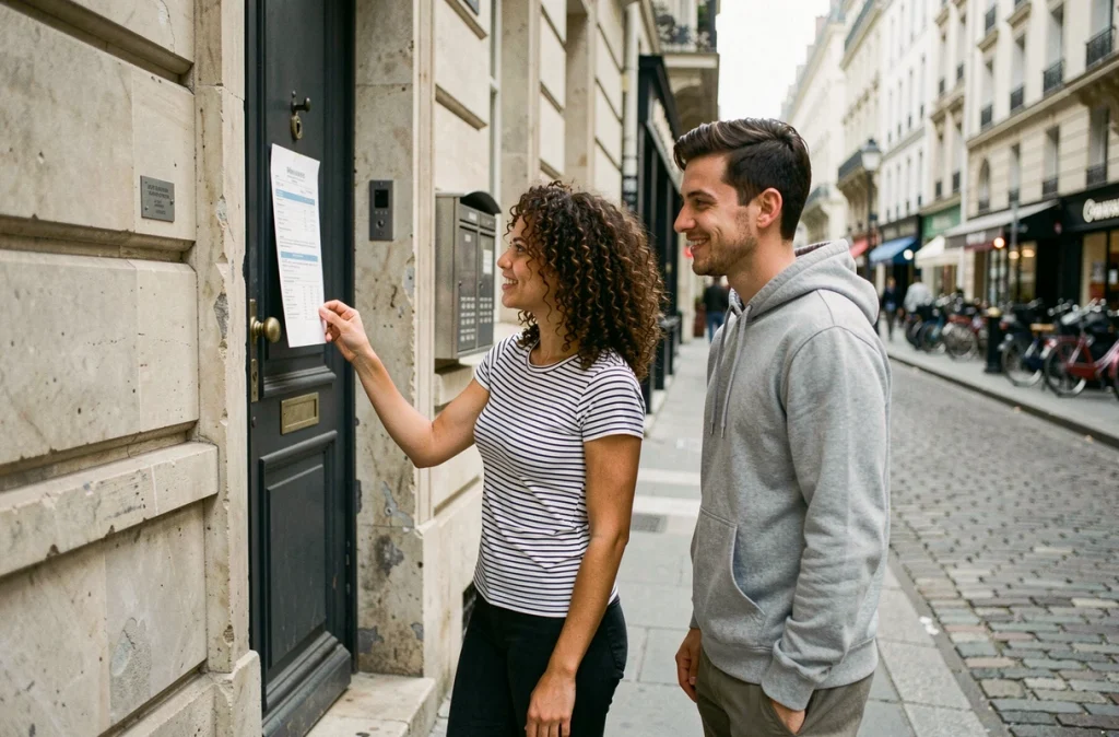 Deux jeunes locataires devant un immeuble parisien consultant une annonce de bail mobilité