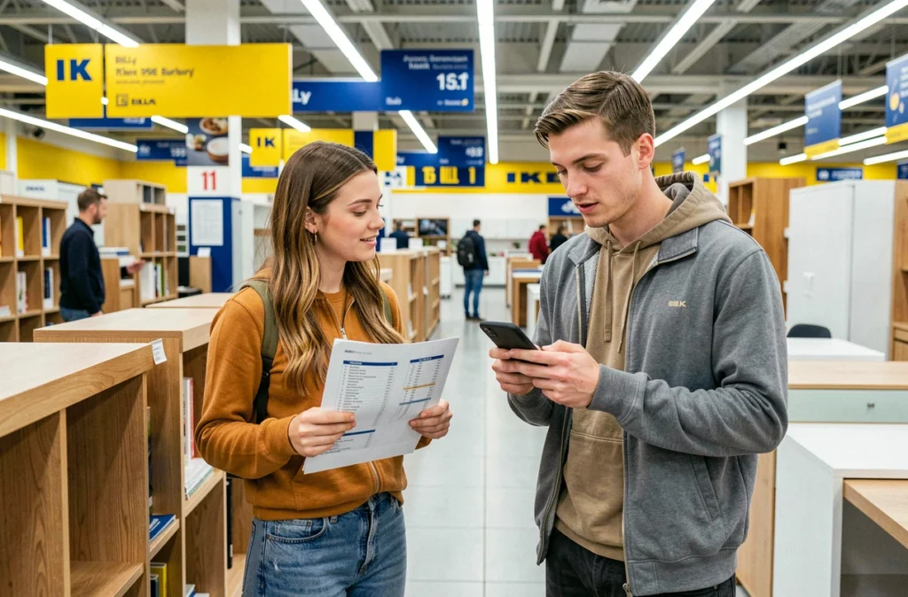 Deux jeunes adultes comparant des bibliothèques IKEA en magasin avec liste de courses et smartphone pour optimiser leur budget
