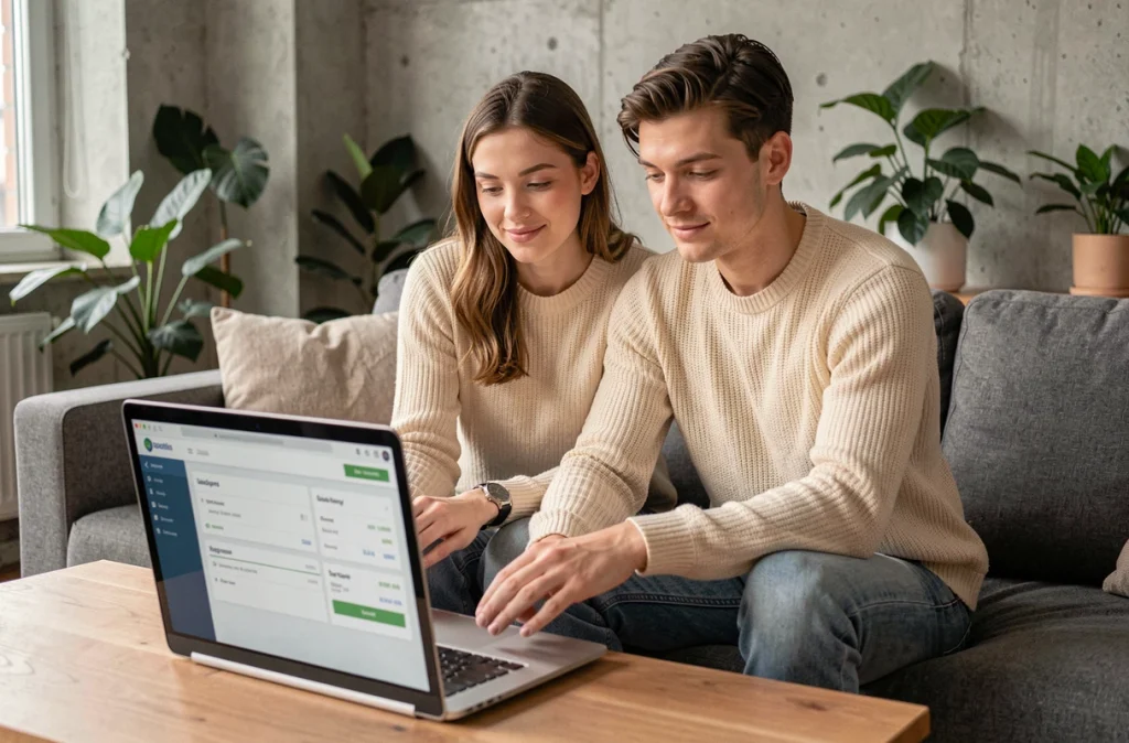 Couple consultant un comparateur de banques en ligne sur ordinateur portable pour choisir la meilleure offre lors d'un changement de banque