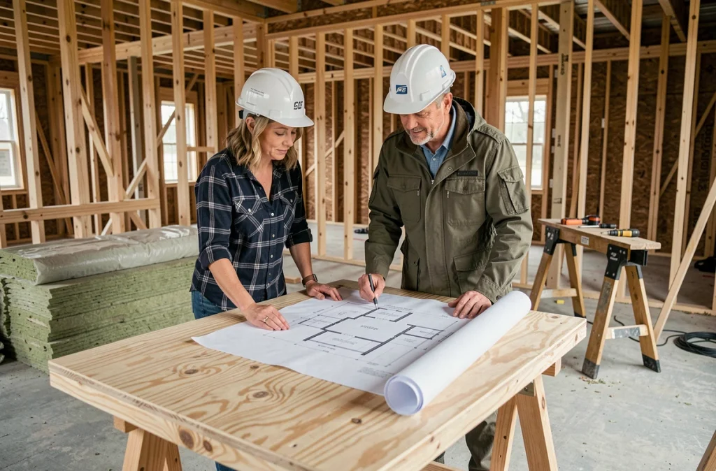 Couple de particuliers consultant les plans de leur maison en cours d'auto-construction