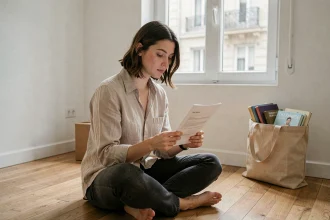Jeune femme étudiante révisant un bail mobilité dans un studio vide à Paris