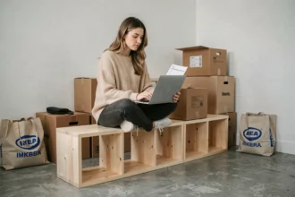 Jeune étudiante assise sur une étagère IKEA entourée de cartons de meubles à assembler dans un petit studio