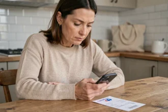 Femme consultant sa facture Carrefour en ligne sur smartphone à la maison avec un ticket de caisse posé sur une table en bois