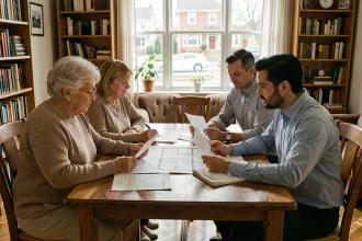Famille multigénérationnelle autour d'une table étudiant des documents immobiliers pour un achat en démembrement de propriété