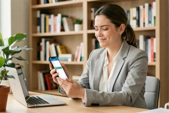 Femme souriante utilisant une application bancaire sur smartphone pour effectuer un changement de banque simplifié depuis son bureau à domicile