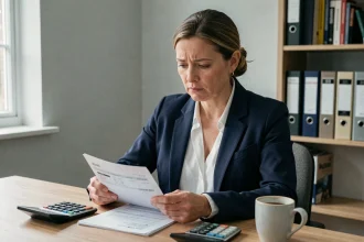 Femme au bureau consultant ses fiches de paie et calculant ses allocations chômage après une baisse de salaire
