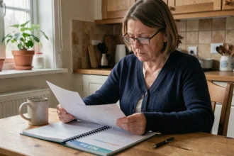 Femme d'une cinquantaine d'années consultant des documents de pension invalidité et un calendrier 2026 à la table de sa cuisine