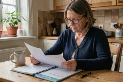 Femme d'une cinquantaine d'années consultant des documents de pension invalidité et un calendrier 2026 à la table de sa cuisine
