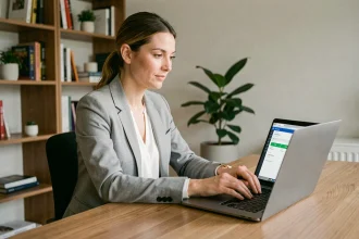 Femme consultant les plafonds de sa carte bancaire sur son espace client Crédit Agricole Nord Est depuis un ordinateur portable