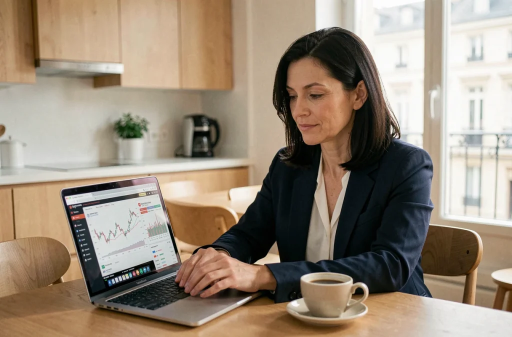 Femme consultant les taux d'épargne et l'inflation sur son ordinateur portable à domicile