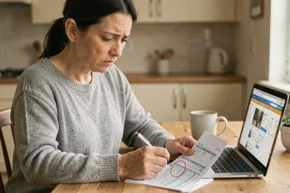 Femme consultant un relevé bancaire pour identifier un prélèvement frauduleux