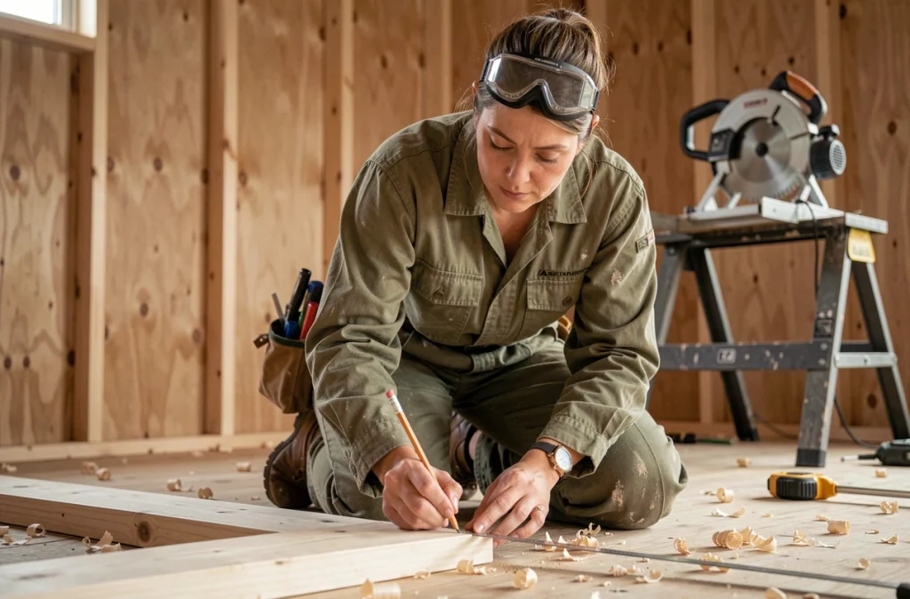 Femme mesurant des planches en bois lors de travaux d'auto-construction de sa maison