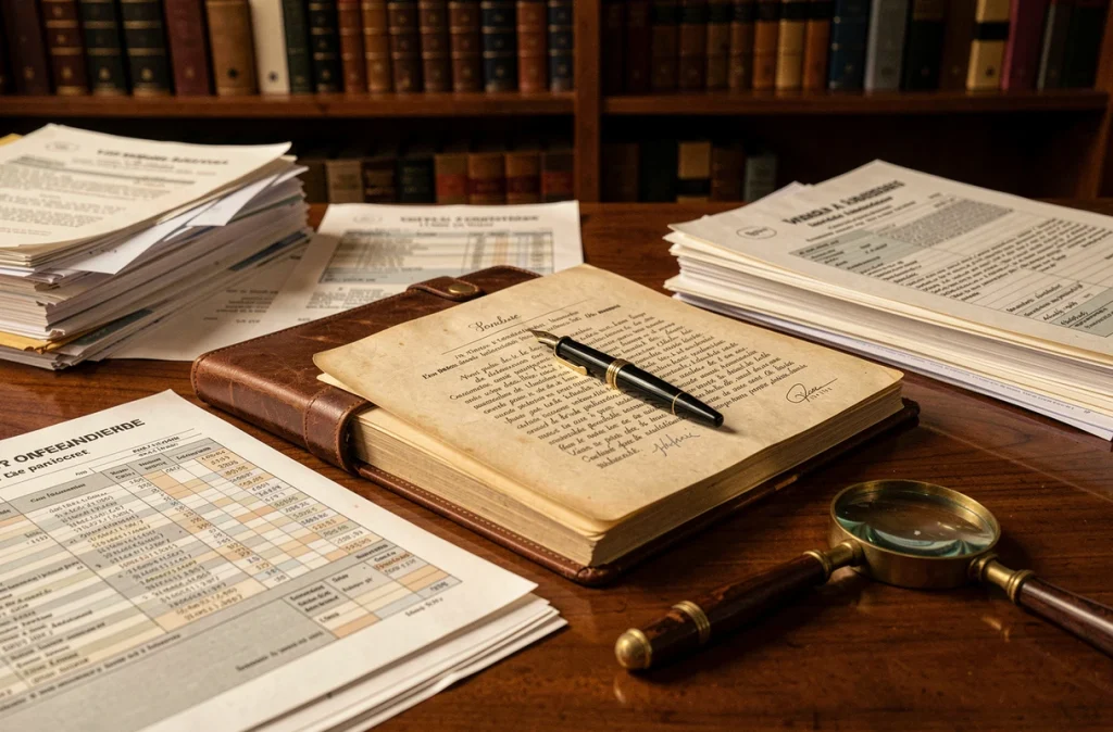 Documents financiers et livre de comptes sur un bureau en acajou symbolisant l'analyse de la fortune et du patrimoine de Philippe de Villiers