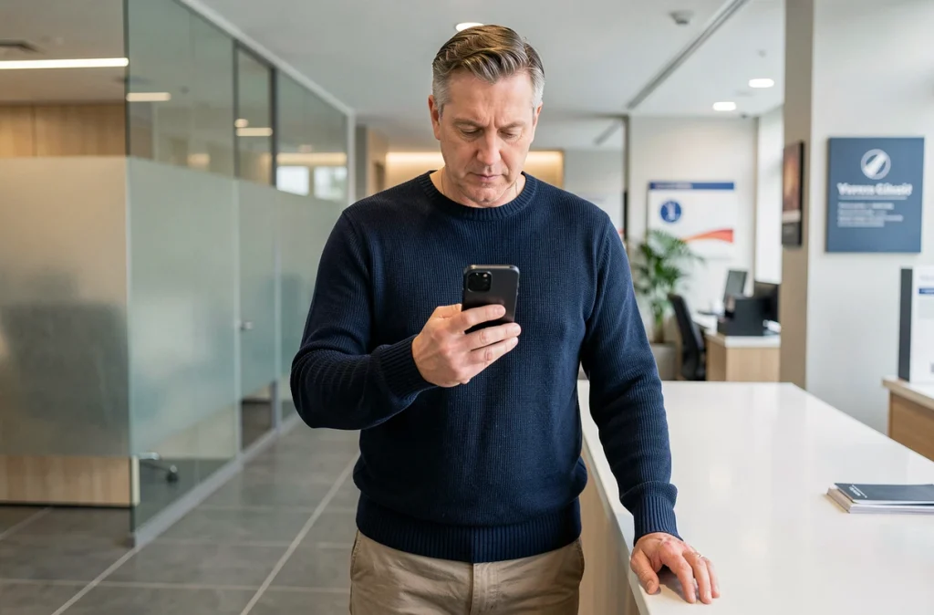 Homme vérifiant les plafonds de sa carte Crédit Agricole Nord Est depuis son smartphone dans une agence bancaire