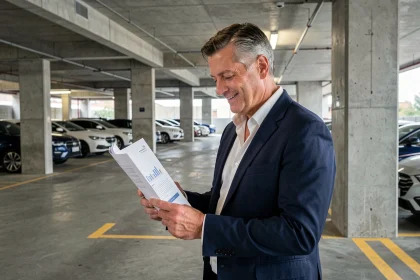 Investisseur masculin en veste marine tenant des documents financiers dans un parking moderne en béton
