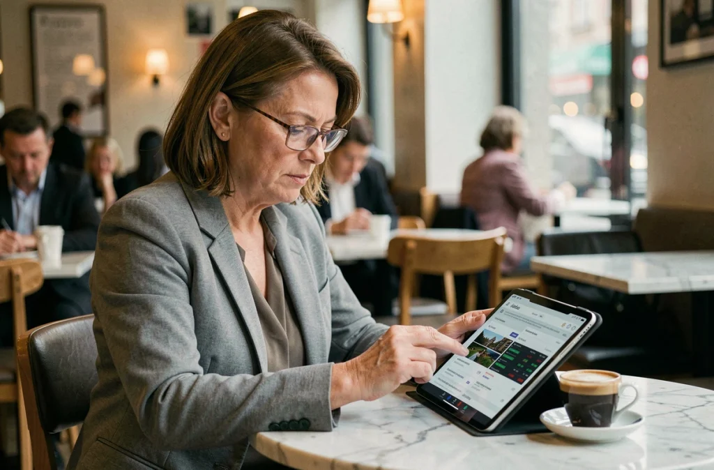 Femme investisseure consultant le forum Boursorama sur les dividendes Orange dans un café parisien