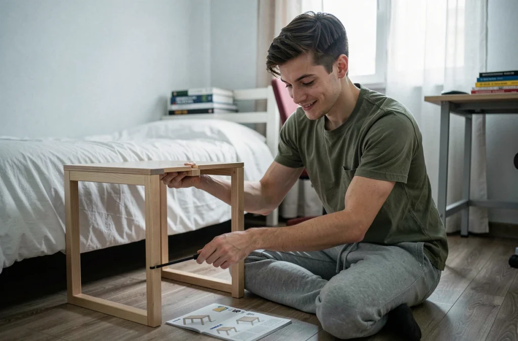 Jeune homme assemblant un meuble IKEA dans une chambre étudiante modeste avec notice de montage au sol