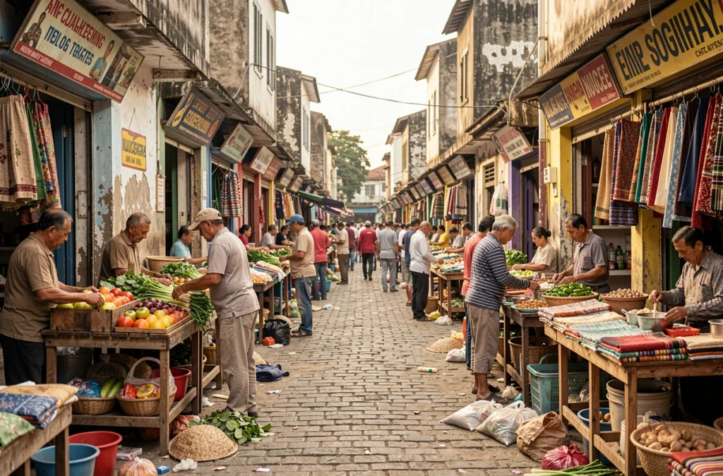 Marché de rue animé dans un pays à revenu intermédiaire illustrant le vrai niveau de vie quotidien des habitants et les inégalités économiques mondiales