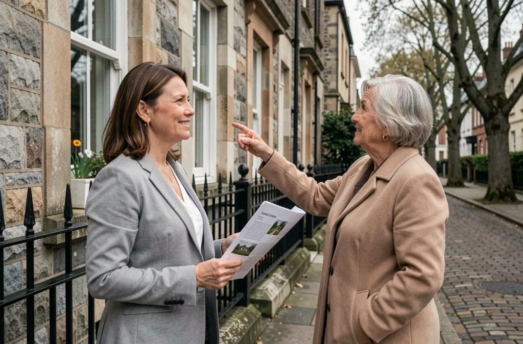 Mère et fille devant un immeuble résidentiel discutant d'un projet d'achat immobilier en démembrement pour anticiper la transmission du patrimoine