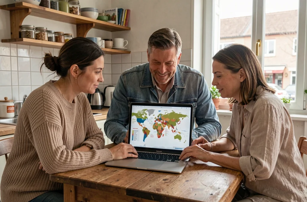 Groupe de personnes discutant du niveau de vie réel et du classement mondial des pays riches autour d'un ordinateur portable dans un appartement ordinaire