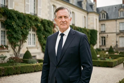 Portrait d'un homme politique français en costume sombre devant un château de la Vendée, évoquant la fortune et le patrimoine de Philippe de Villiers