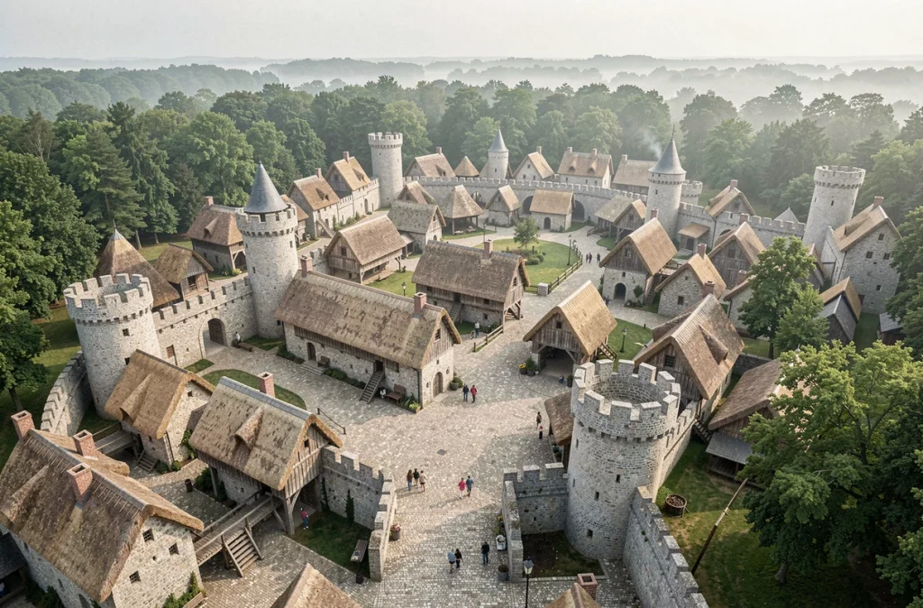 Vue aérienne du Puy du Fou en Vendée illustrant le patrimoine commercial et la fortune liée à la famille de Villiers