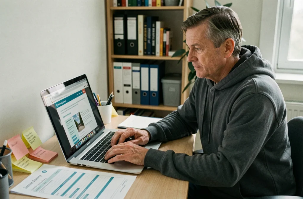 Personne en situation d'invalidité recherchant des informations sur le paiement de sa pension 2026 sur un ordinateur portable à domicile
