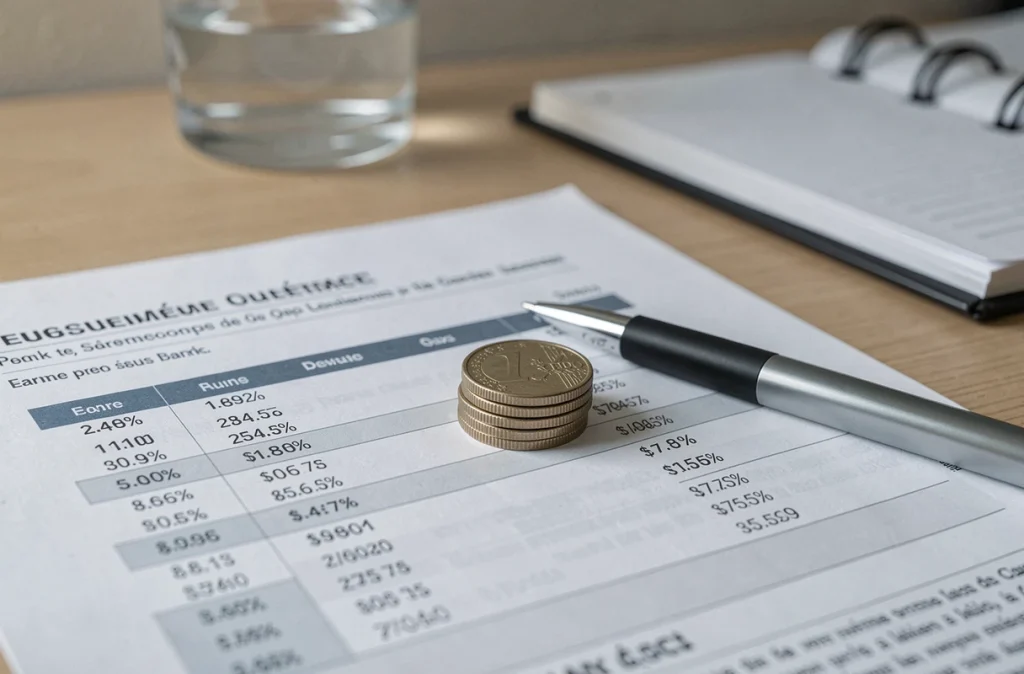 Relevé de compte à terme avec pièces en euros illustrant les taux d'épargne face à l'inflation
