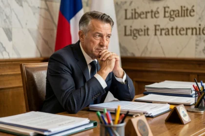 Maire en costume assis à une table de conseil municipal avec documents officiels et drapeau français en arrière-plan, illustrant les enjeux de rémunération et d'éthique des élus locaux