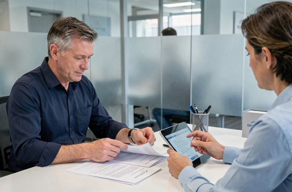 Client masculin en rendez-vous avec un conseiller bancaire pour faciliter son changement de banque grâce à la mobilité bancaire