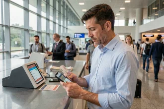 Homme examinant des billets étrangers et son smartphone à un bureau de change dans un aéroport international