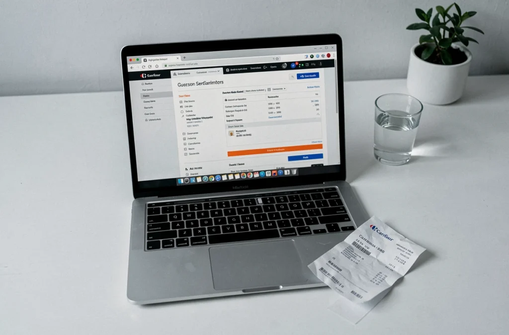 Ordinateur portable ouvert sur un espace de travail affichant un espace client Carrefour pour télécharger une facture en ligne