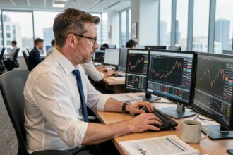 Trader analysant le cours du cuivre en kg sur les écrans de la Bourse des métaux de Londres