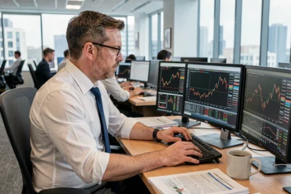 Trader analysant le cours du cuivre en kg sur les écrans de la Bourse des métaux de Londres