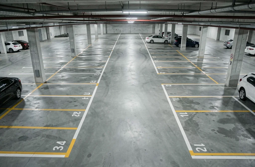 Vue aérienne d'un parking souterrain avec emplacements numérotés représentant un investissement immobilier locatif