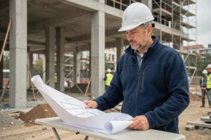 Architecte en chantier consultant des plans de construction, illustration de la responsabilité civile décennale