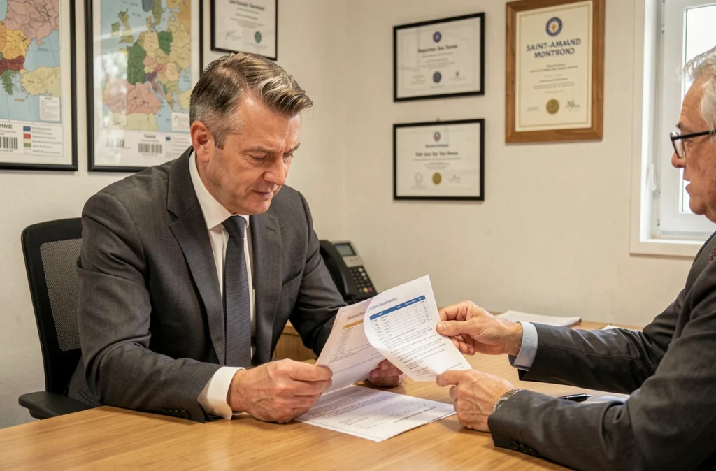 Intermédiaire spécialisé AREAS à Saint-Amand-Montrond dans le Cher analysant un contrat d'assurance avec un client
