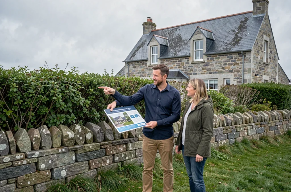 Un courtier d'Armen Habitat présentant une offre de financement à un couple devant une maison bretonne en Finistère