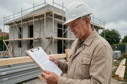 Artisan du bâtiment consultant un document de garantie décennale sur un chantier de construction résidentiel