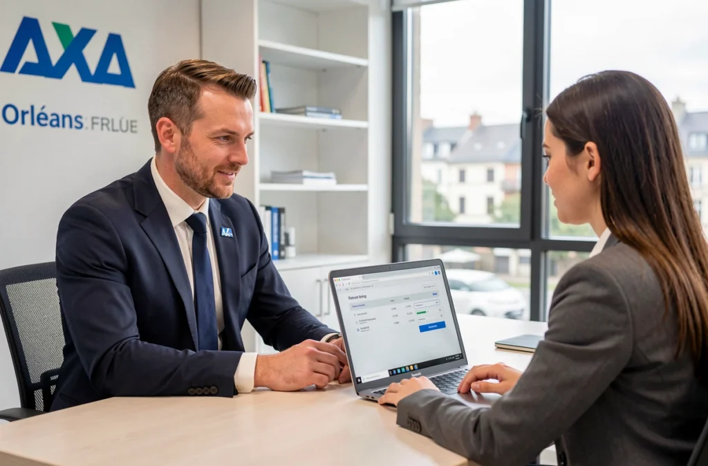 Agent général AXA Assurance Benoit Noel à Orléans dans le Loiret présentant une offre d'assurance sur ordinateur à une cliente