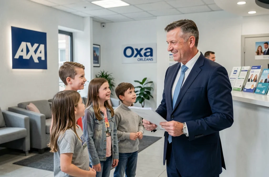 Agent général AXA Assurance Girard-Pinchaux à Orléans dans le Loiret accueillant une famille en agence