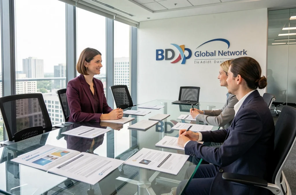 Directrice d'audit de BDO Orléans conduisant une réunion de revue client dans une salle de conférence moderne