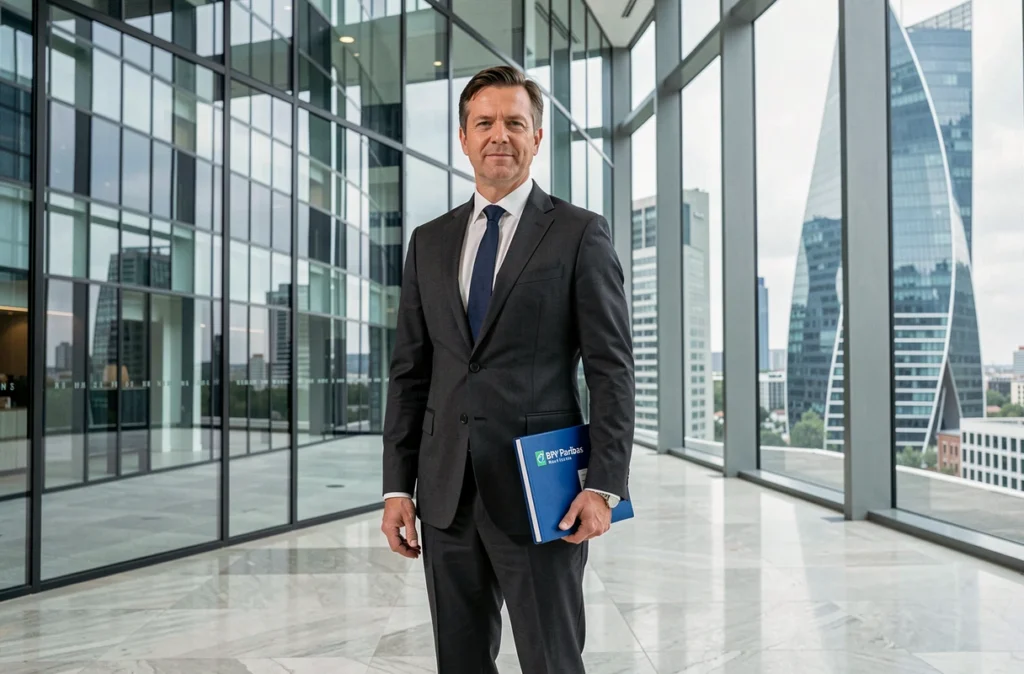 Professionnel de BNP Paribas Real Estate Valuation dans le hall d'un immeuble moderne du quartier de La Défense