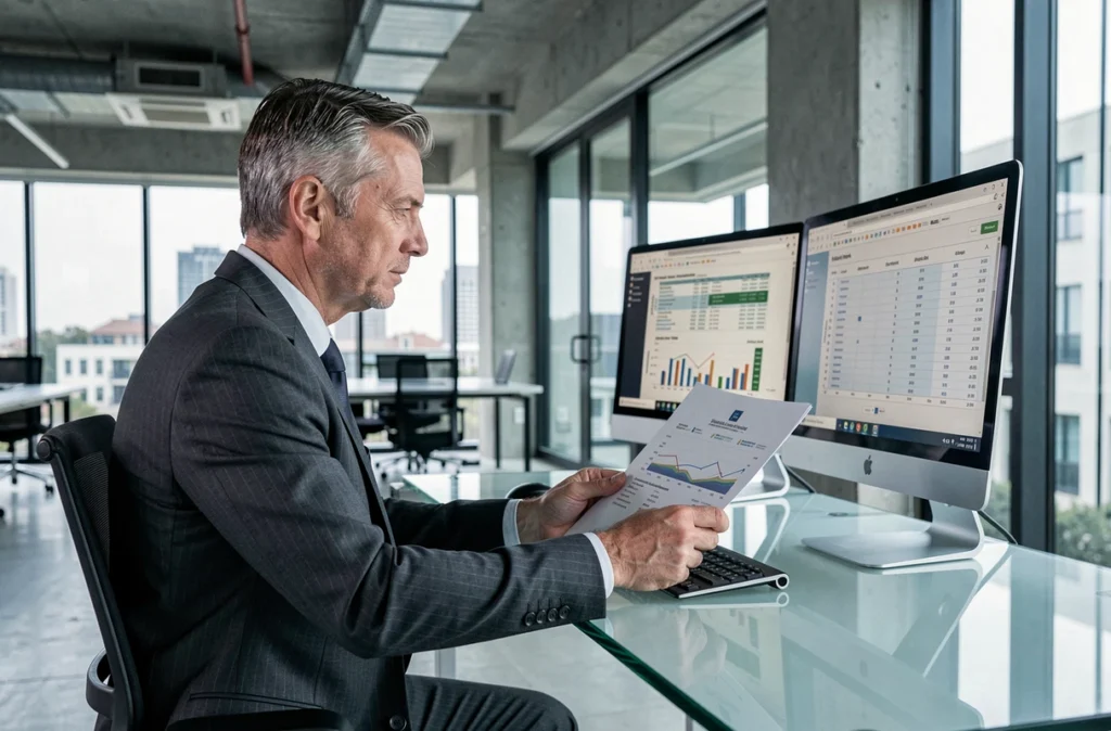 Consultant du Cabinet Deloitte Real Estate Advisory analysant des rapports financiers immobiliers dans un bureau contemporain